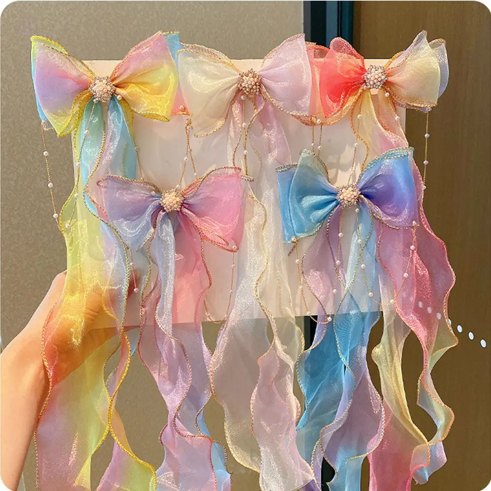 

Gradient Color Barrettes Rainbow Baby Girls Headwear Braided Hairpin Lace Bow Hair Clips Princess Hairpin Long Ribbon Hairpin