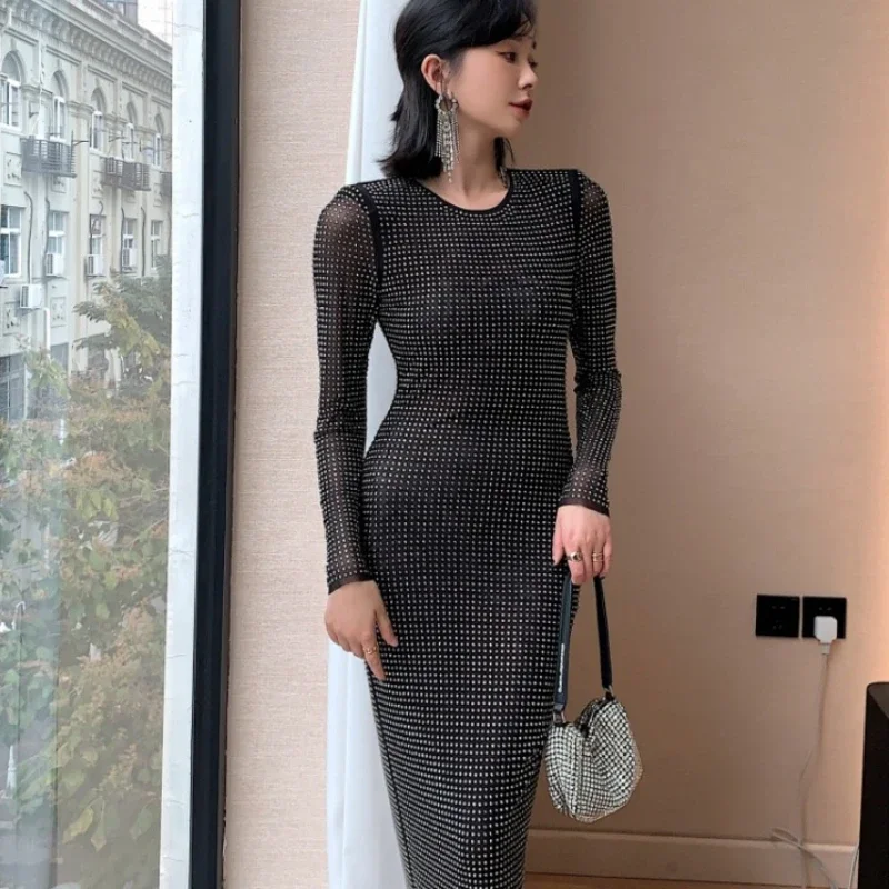 

Women's Black Elastic Slim Dress Long Sleeve Mesh Diamond Round Neck Sexy Party Maxi Dress Female