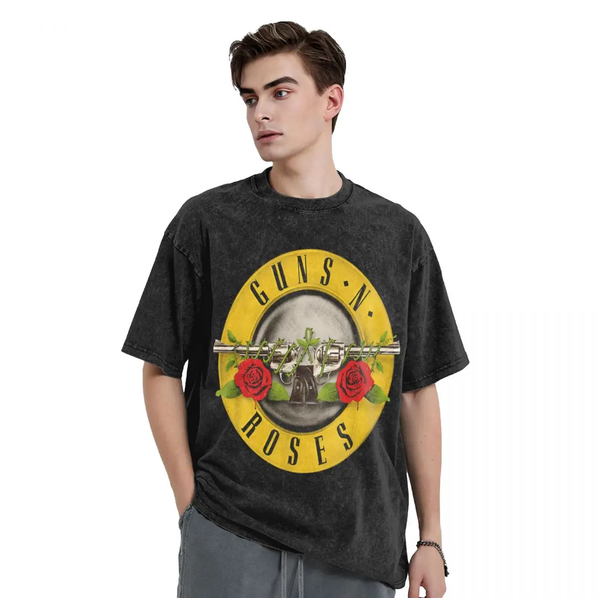 Washed T Shirts Guns N Roses Bullet Logo Cool T-Shirt Harajuku Heavy Metal Streetwear 100% Cotton Tops Tees for Men Women