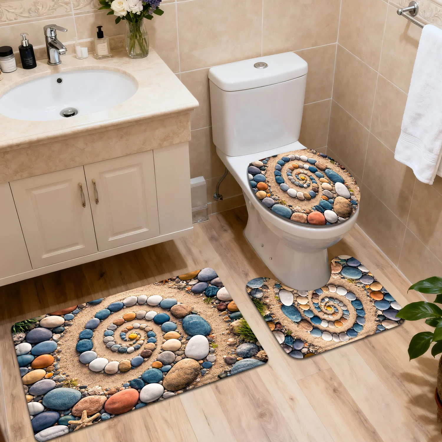 

3pcs Bathroom Mat Set, Beach Stone Swirl Pattern, Home Decor Entryway Doormat, Toilet Lid Cover and Bathroom Accessories Set