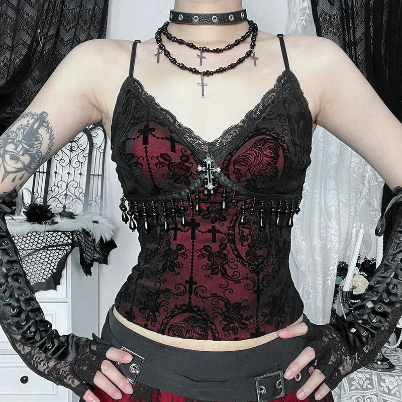 Vintage Mall Gothic Flocking Camisole Women Aesthetic Fairycore Grunge Y2k E-girl Lace Patchwork Beading Crop Tank Tops image 3