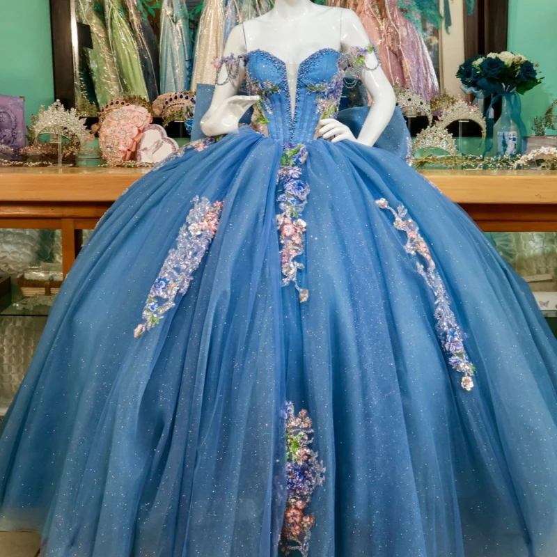 

Синие блестящие платья Quinceanera с открытыми плечами и блестками, аппликация, кружево, бисер, бант, тюлевое бальное платье для вечеринки, дня рождения, Vestidos De 15.
