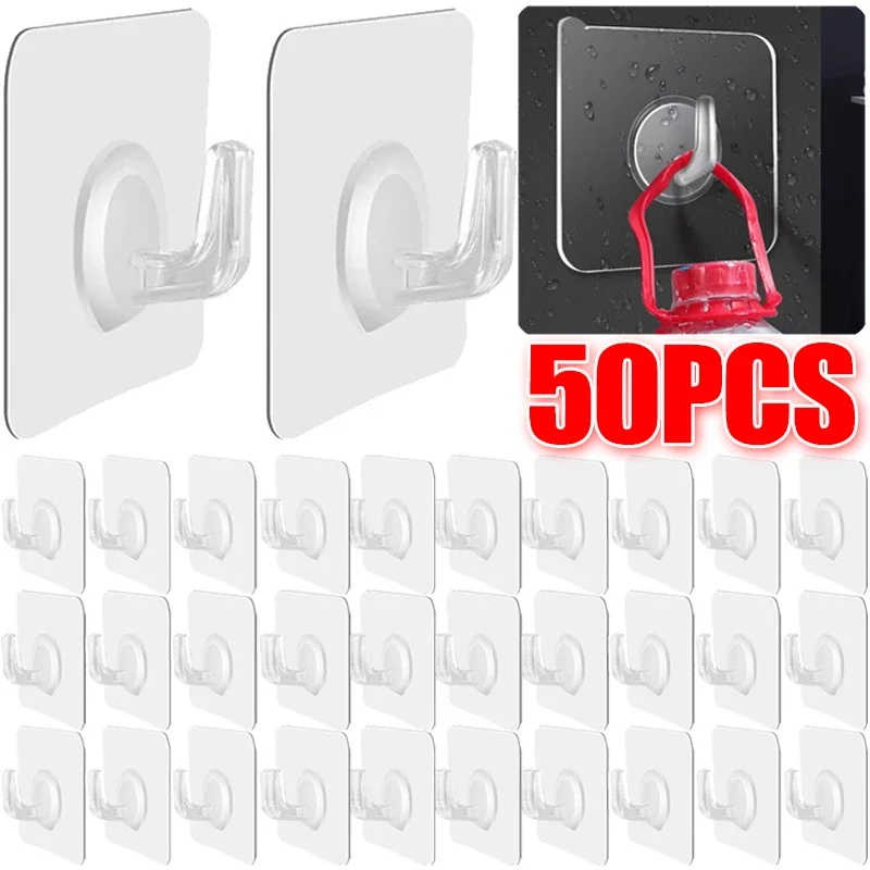 5/50pcs Transparent Wall-mounted Hooks Self-adhesive Door Hanger Suction Hook Heavy Load Rack Kitchen Bathroom Organizer Holder