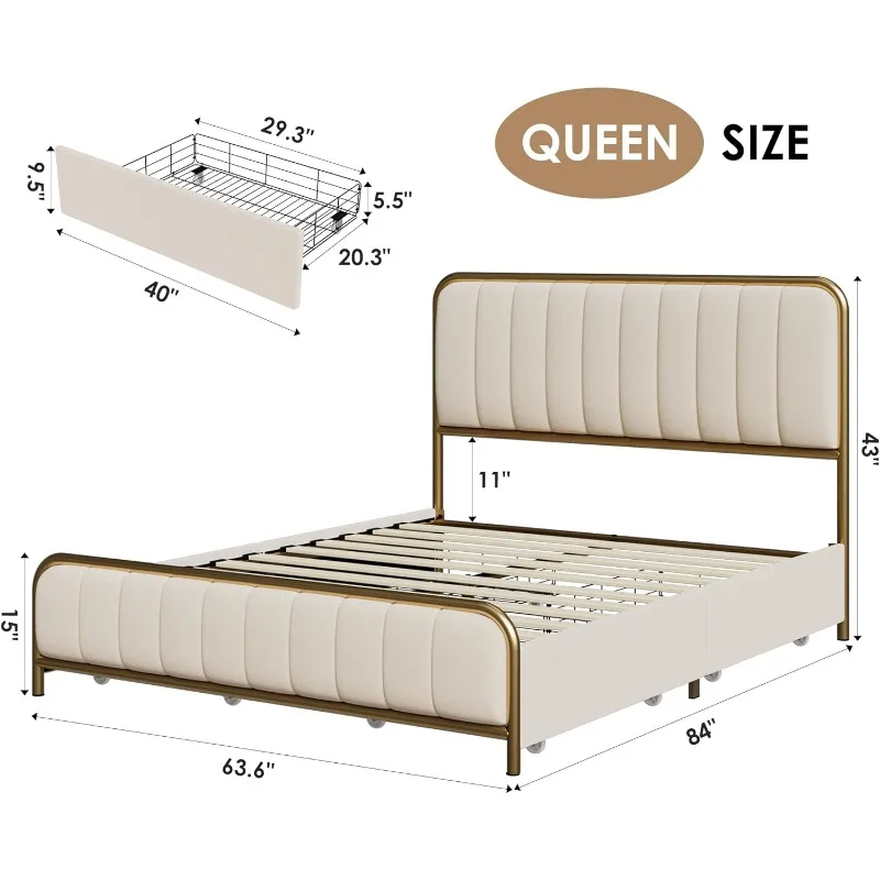 Upholstered Queen Size Bed  Heavy  Foundation with Wooden Slats, Easy Assembly, No Box Spring Needed (Golden/Off White)