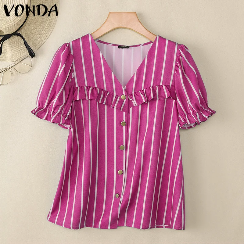 VONDA Summer Shirts Women Short Sleeve Striped Blouses 2025 Fashion Casual Puff Sleeve Ruffled Print Tops V-Neck Elegant Blusas