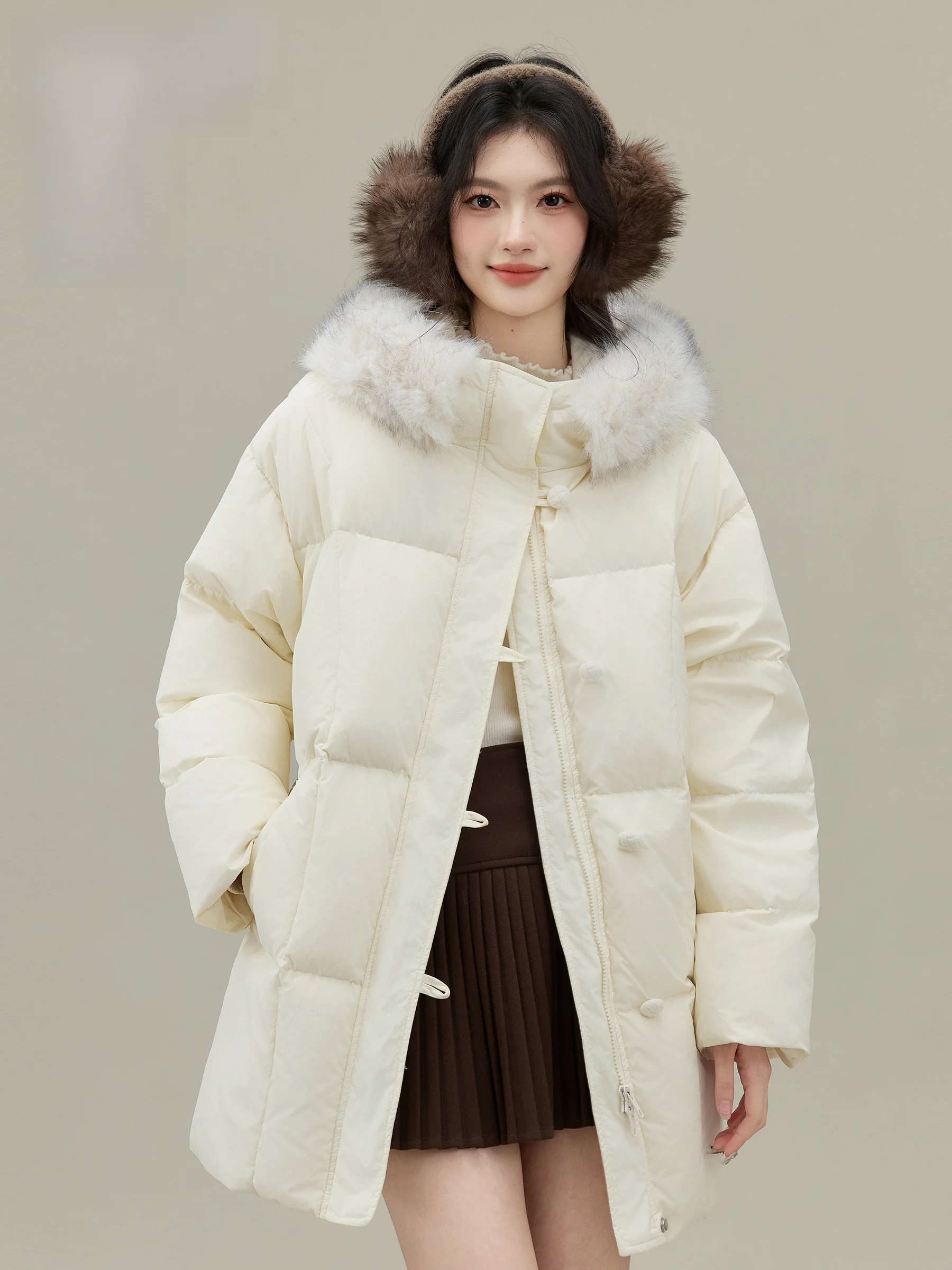 

Princ Sle White Du down Jaet ort And Long Thiened Women's Winter Coat Warm High Waist Zipper Closure Color