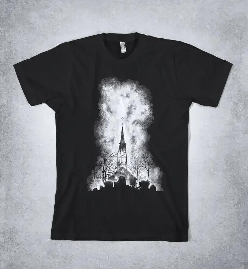 BURNING CHURCH t-shirt, anti religion shirt, Black metal, antichrist shirt 2024 High quality Brand T shirt Casual