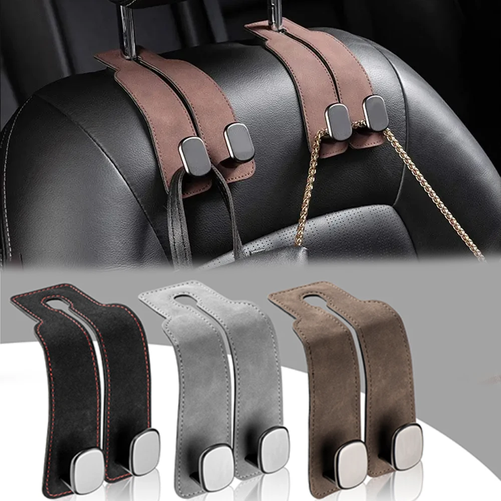 Car Seat Back Storage Hook 2-in-1 Car Seat Hooks for Headrest Suede Leather Car Purse Bags Hook Hanger Cell Phone Holder