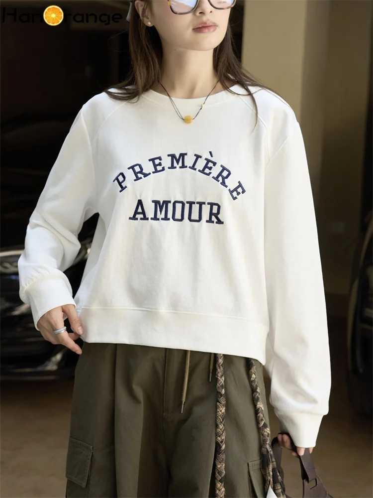 

HanOrange 2025 Early Autumn Age Reducing Relaxed Letter Printed T-shirt Women Clean Neat O-neck Top White/Linen White
