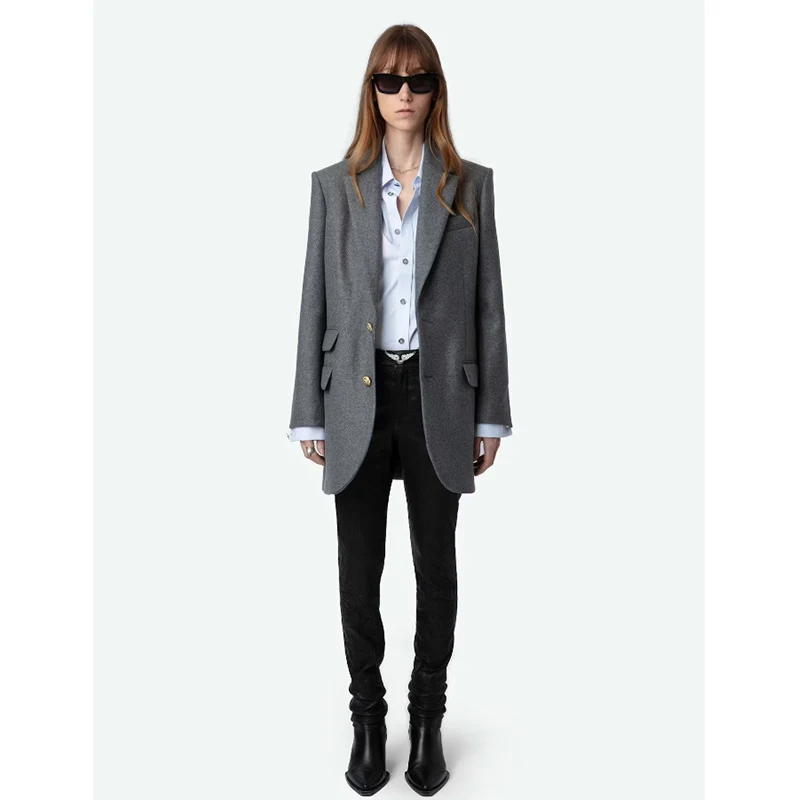 Zadig Wool Blazer Women Loose Grey Suit Female Casual Balck Blazers Elegant Lapel Coat Casual Wing Suit New Button Winter Jacket