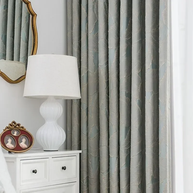 Grey Blue Three-dimensional Gilt Leaf Curtains for Living Room Bedroom French Window Balcony Finished French Window