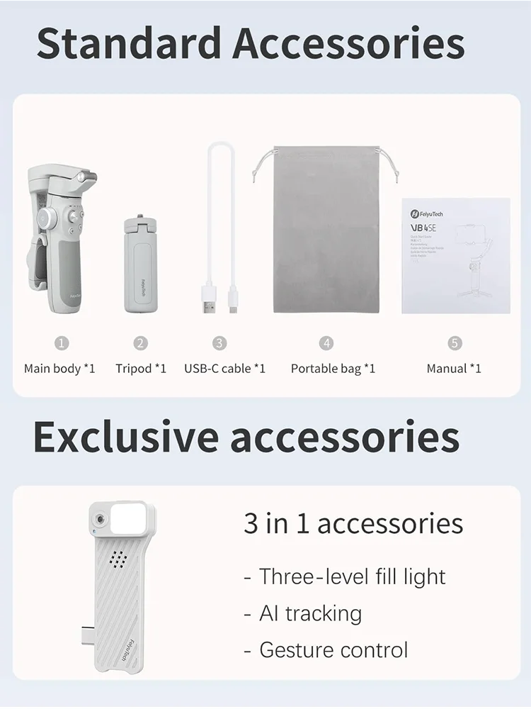 FeiyuTech Official VB4 Smartphone Stabilizer Face Tracking 3-Axis Phone Gimbal Built-in Selfie Stick Portable iPhone15/Samsung