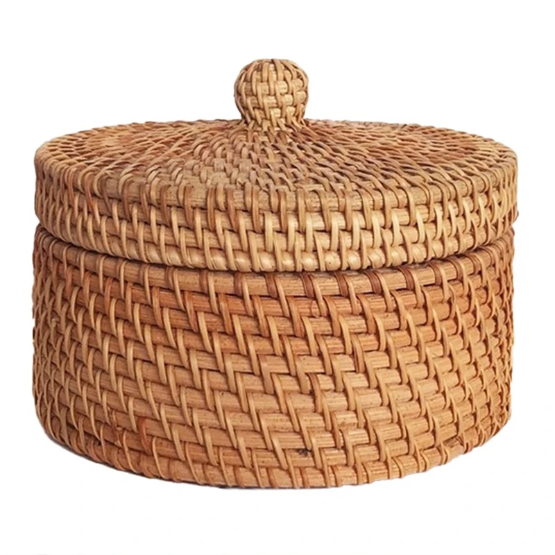 

Handwoven Rattan Storage Box With Lid Wicker Tea Food Container Picnic Bread Fruit Cake Basket Kitchen Organizer