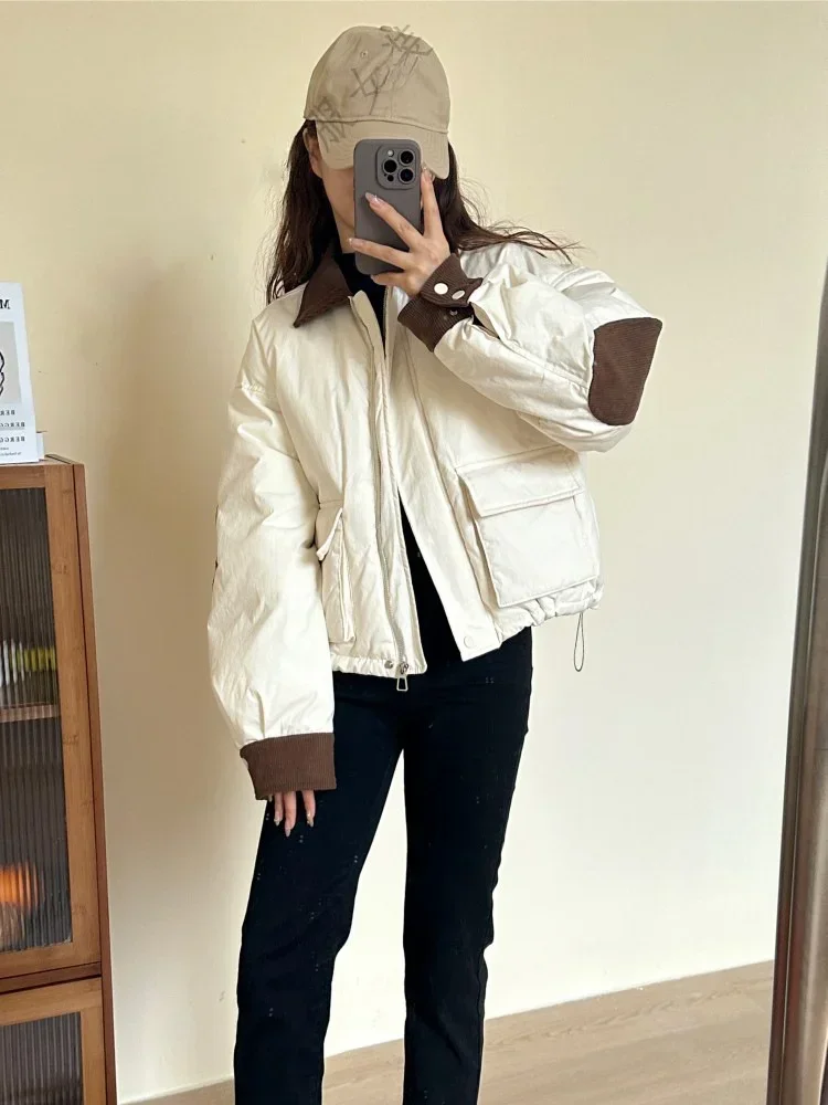 

New Winter Jackets for Women 90 White Duck Down Thickened Warm Short Down Jacket Contrast Corduroy Lapel Stitching Woman Coat