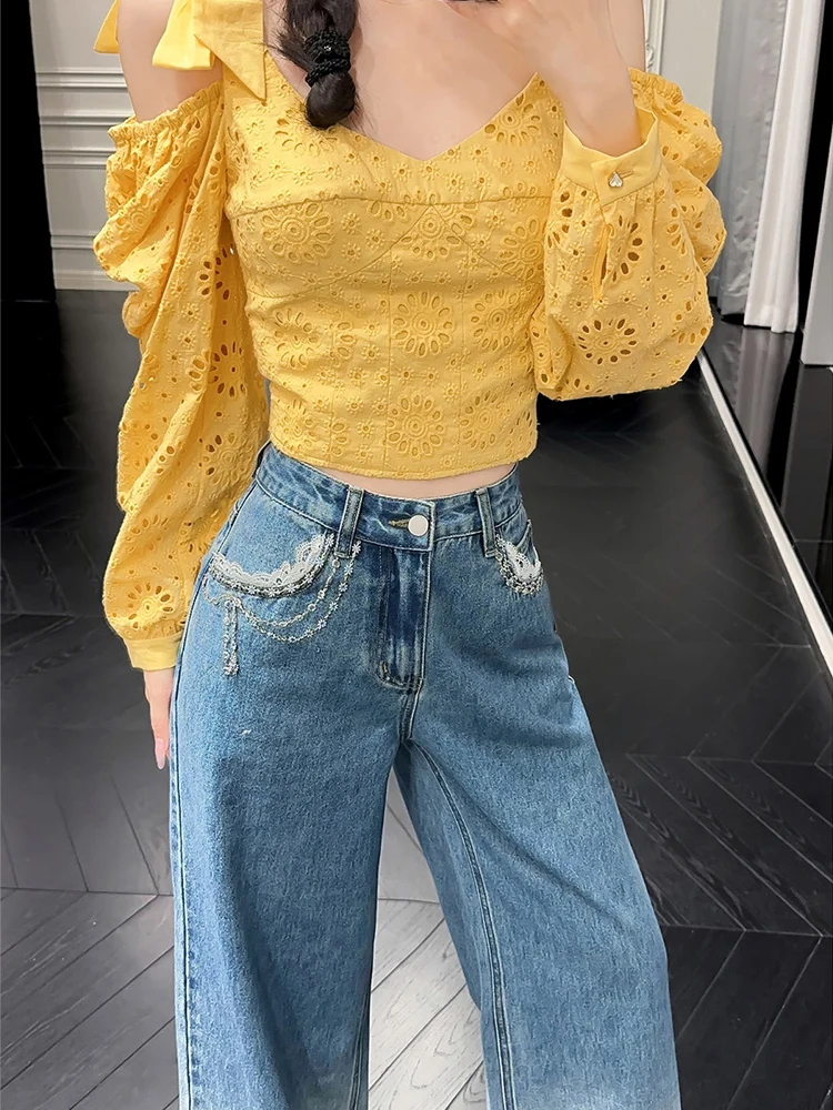 

Новинка ранней весны: Стильная приталенная рубашка Yuxiao Xiao с вышивкой узелками и ажурным узором подсолнухов