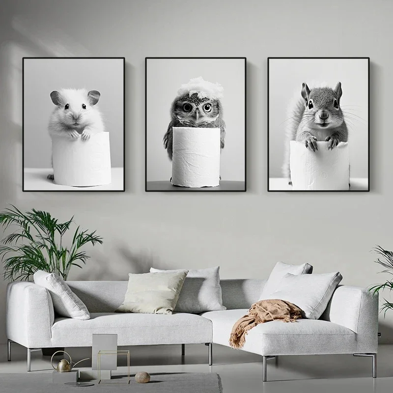 1pc frameless Canvas Painting Retro Black White Animal & Toilet Paper Poster Lion Owl Cat Dog Canvas Prints for Living Room Bath