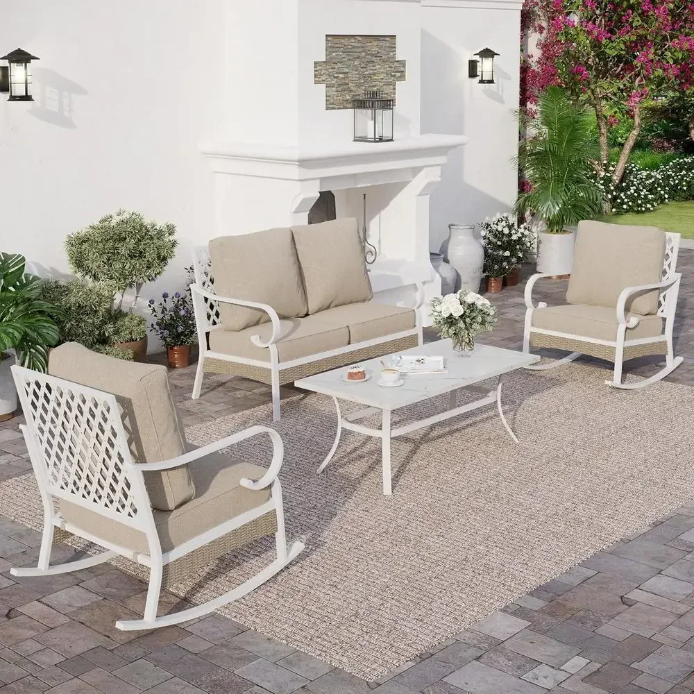 

4-Piece Beige Outdoor Patio Furniture Set: 2-Seater Sofa, 2 Single Sofas, Coffee Table with 5.75 Cushions