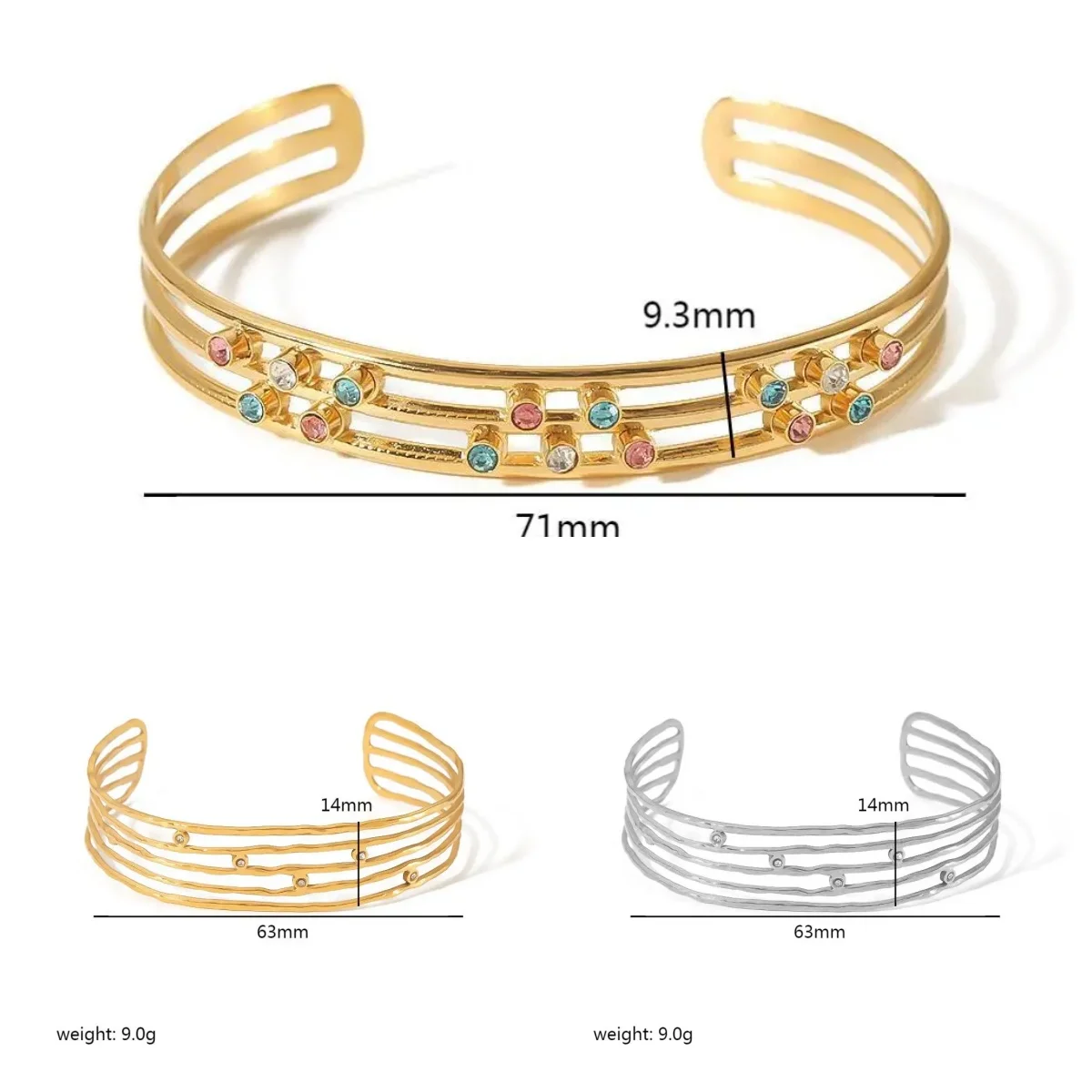 

Fashionable Multi-Layers Titanium Steel Candy Color Diamonds CZ Stack Bracelet Open Hand Bangles Waterproof Ins Jewelry Supplier