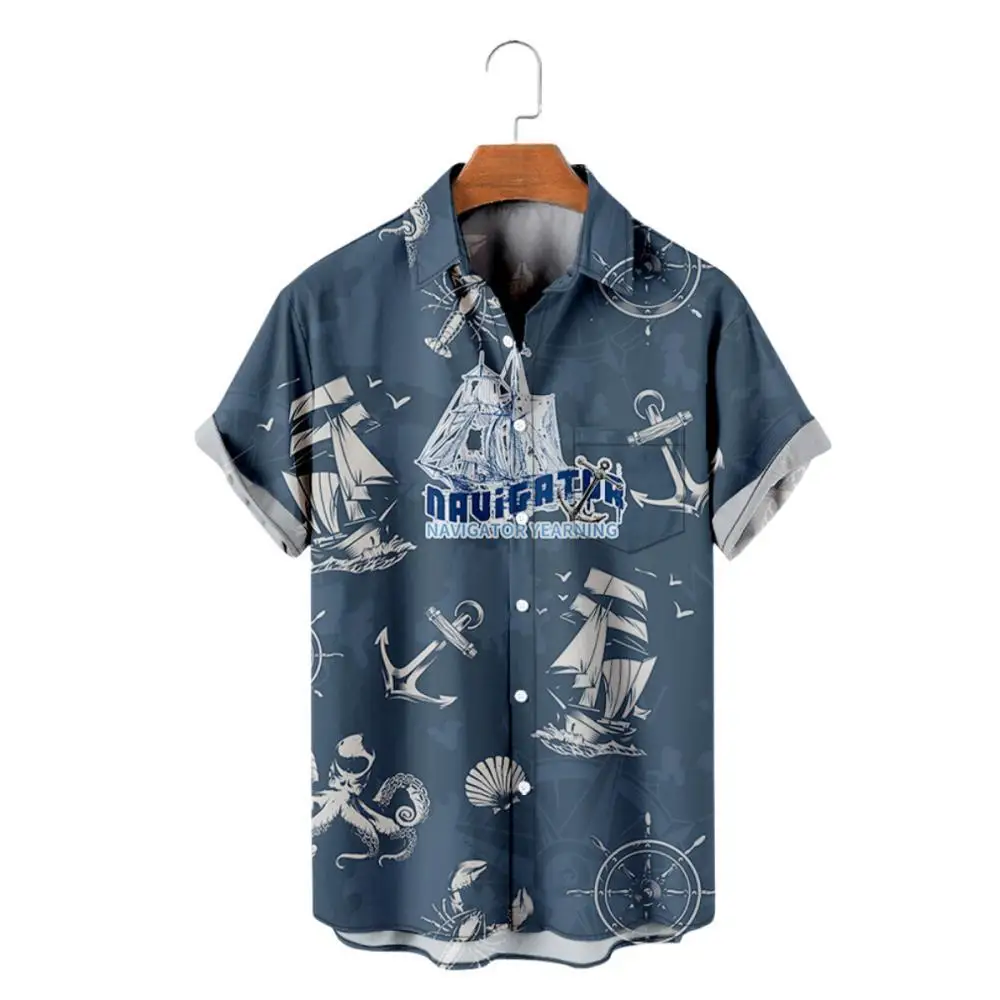 Hawaiian Navigator Sailboat Pattern Men\'s Shirt Sea 3D Printed Retro Short Sleeve Resort New Casual Beach Y2k Oversized Clothe