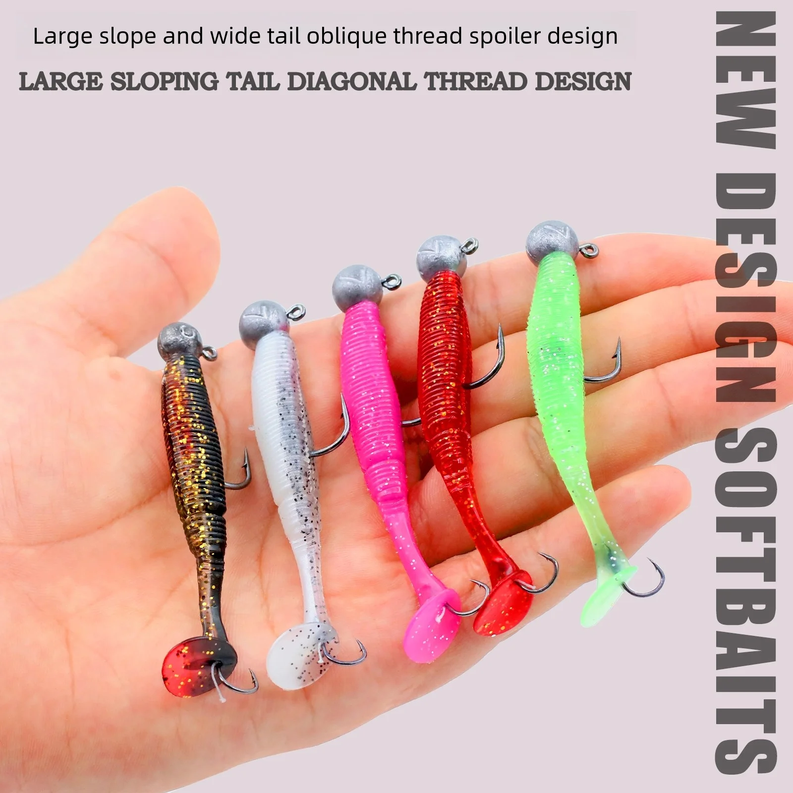 Softbait-Köder mit Jig-Kopf, Doppelhaken, 3–10 g, Paddelschwanz, weicher Kunststoffköder, 5 Stück, Großpackung