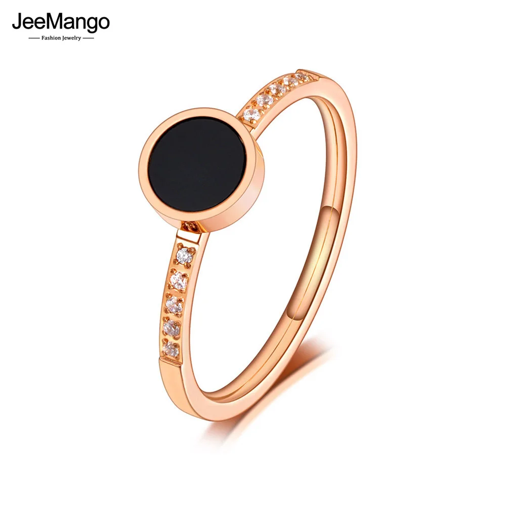 JeeMango Trendy Stainless Steel Black Acrylic Circle Disc Ring CZ Crystal Anniversary Party Ring For Women Free Shipping JR20078