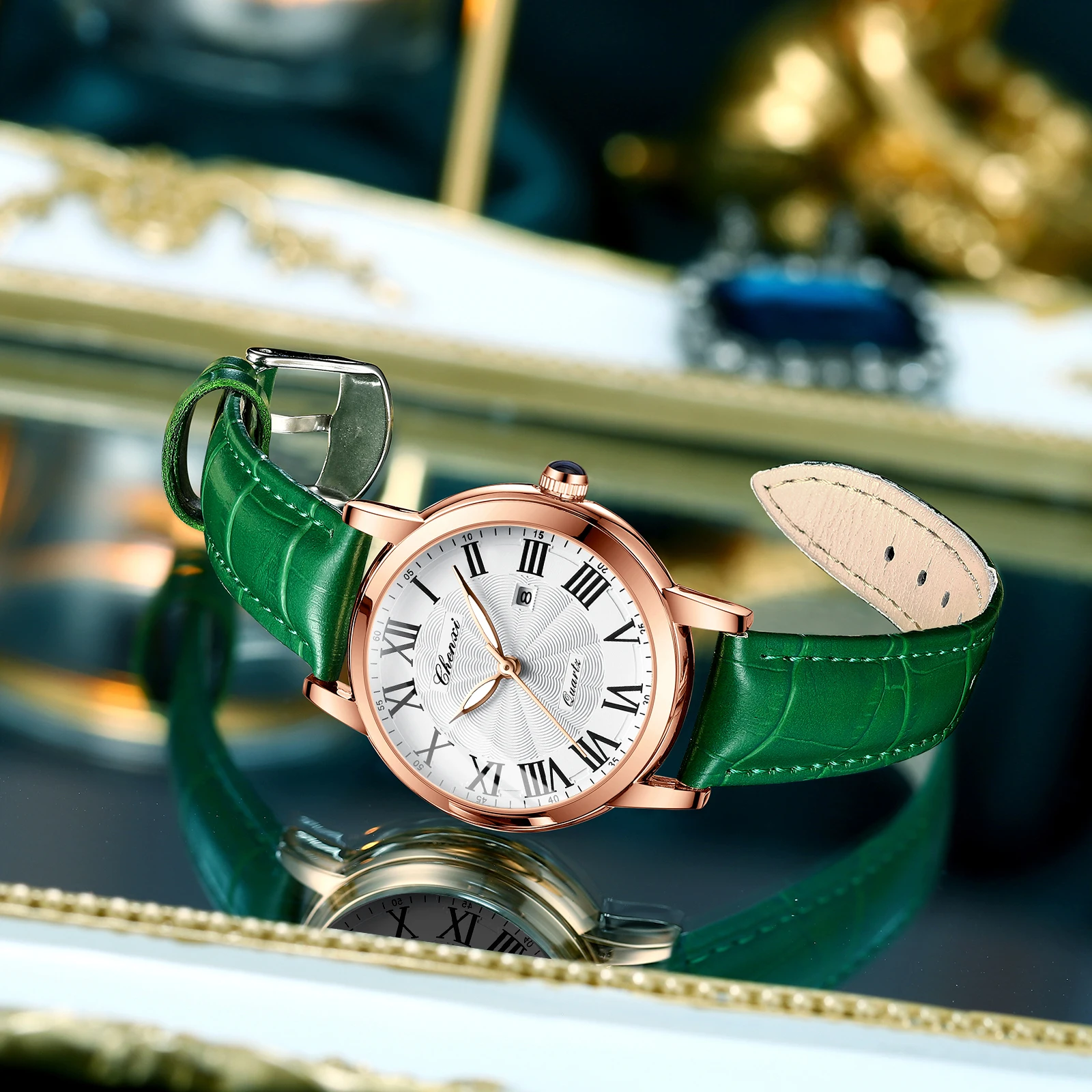 CHENXI 301L Reloj de cuarzo para mujer Moda Simple Rojo Amarillo Verde Negro Marrón Correa de cuero Reloj con fecha Regalo de cumpleaños para mujer