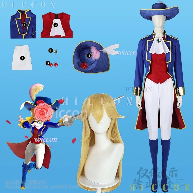 

Game Princess Cosplay de mujer Anime Knight Uniform Long Blue Coat Cowboy Hat Kawaii Y2K Pants Wigs Cute Jira