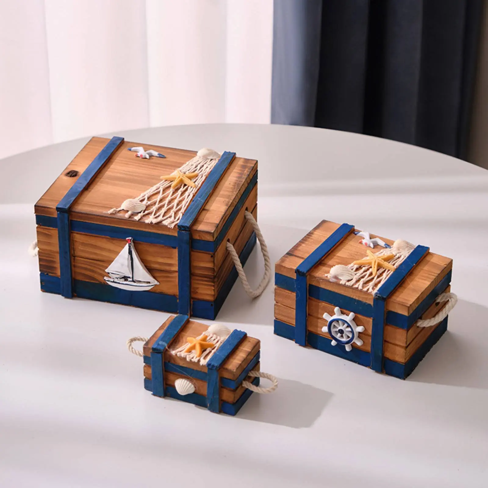 3 Pieces Mediterranean Design Storage Box Crafted Look Shell Decorated Jewelry Box Home Decoration Vintage Design