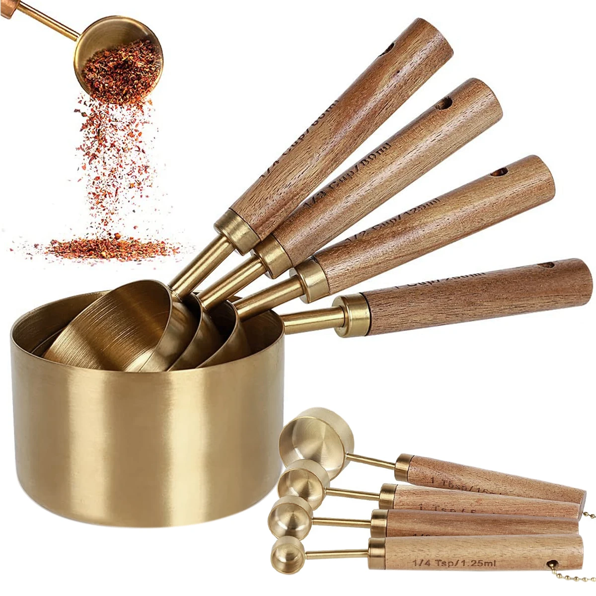 8-teiliges Edelstahl-Messbecher, Löffel, Holzgriff, Kaffee-Messlöffel-Set, Gold, Messbecher, Backwerkzeuge für die Küche