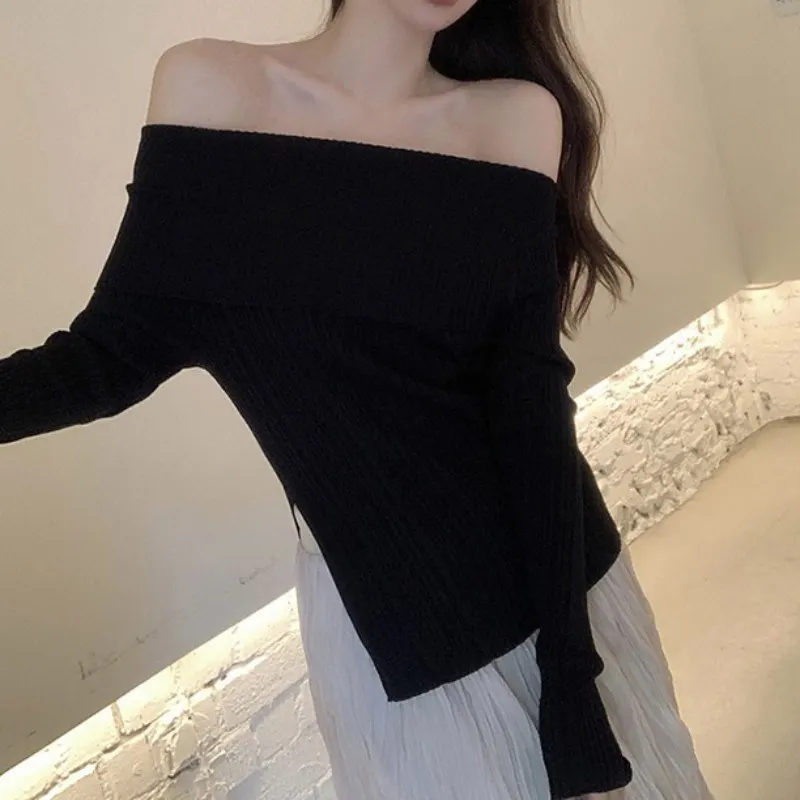 Women\'s Knitted Off Shoulder Sweater Solid Color Split Slim Casual Long Sleeved Tops for Office Lady Streetwear