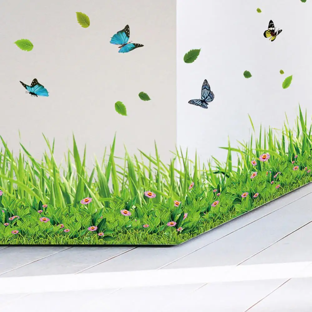 50*70cm Green Grass Butterfly Flowers Baseboard PVC Wall Sticker Kids Room Colorful Background Removable Mural Home Decal Decor