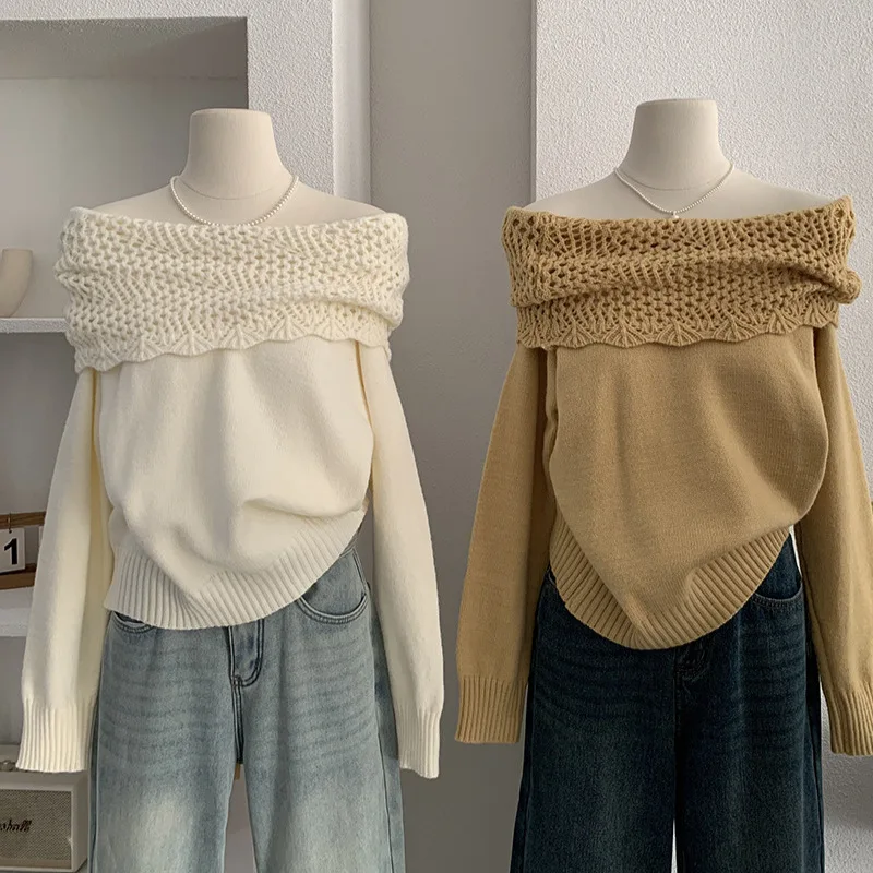 

Omalai Crochet Hollow Design One-Shoulder Knitted Sweater Women's Autumn Winter Long Sleeve Off-Shoulder Top 5743
