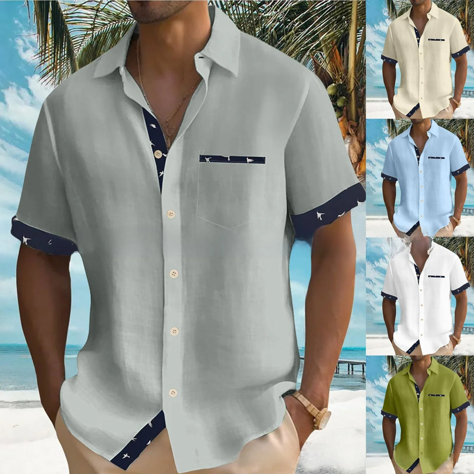 

Men's Beach Shirt Short Sleeve Cardigan Cuffs Printed Splice Thin Street Style Summer Casual Inner Wear Pure Color