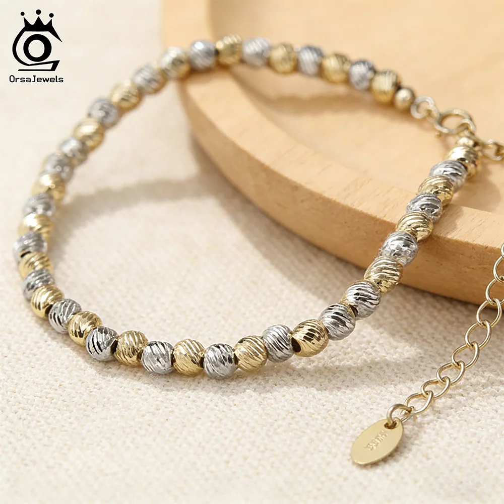 

ORSA JEWELS Real 925 Sterling Silver 4mm Beaded Bracelet Chain for Women Round Beads Bracelet for Daily Decoration Jewelry GAB03