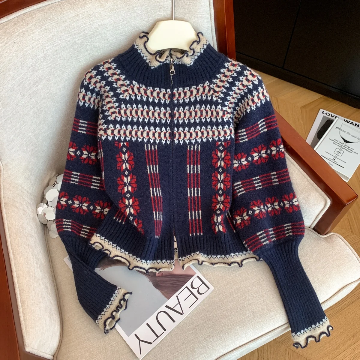 

Women's Navy Cardigan Sweater Vintage Elegant 2000s Y2k Jumper Knit Long Sleeves O-Neck Fair Isle Sweater Jacket Spring Autumn