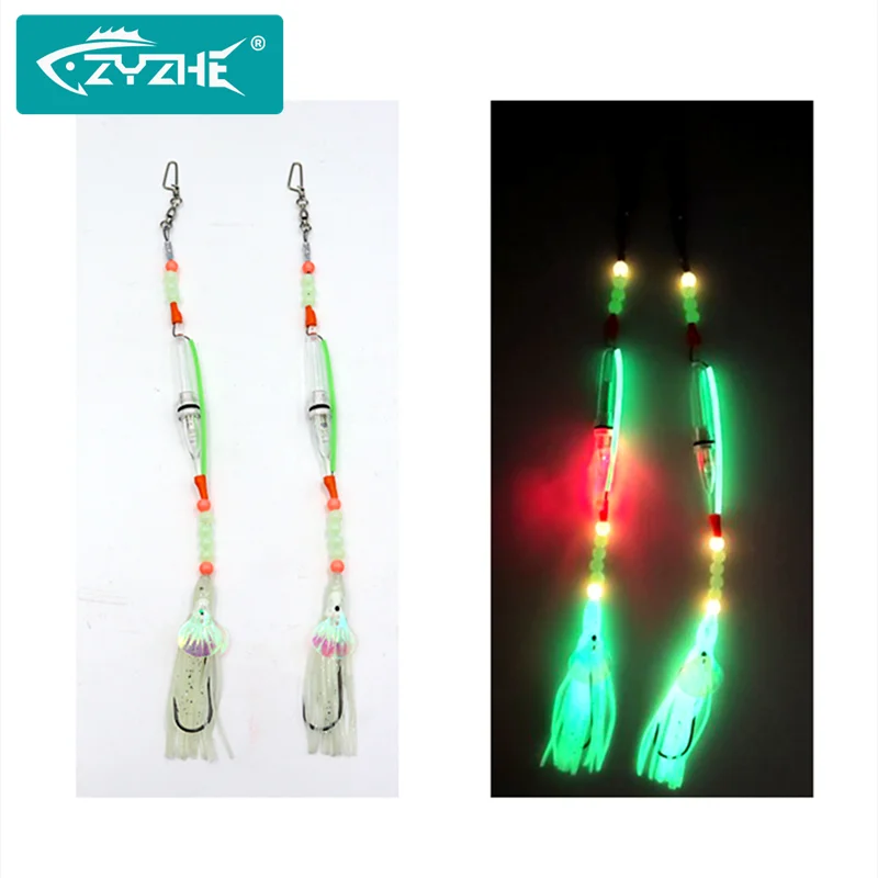 ZYZHE 2 peças/saco Anzóis de Pesca com Luz LED, Isca Macia Luminosa para Lula, Anzóis de Pesca Marítima, Montagens de Isca para Pesca em Água Salgada