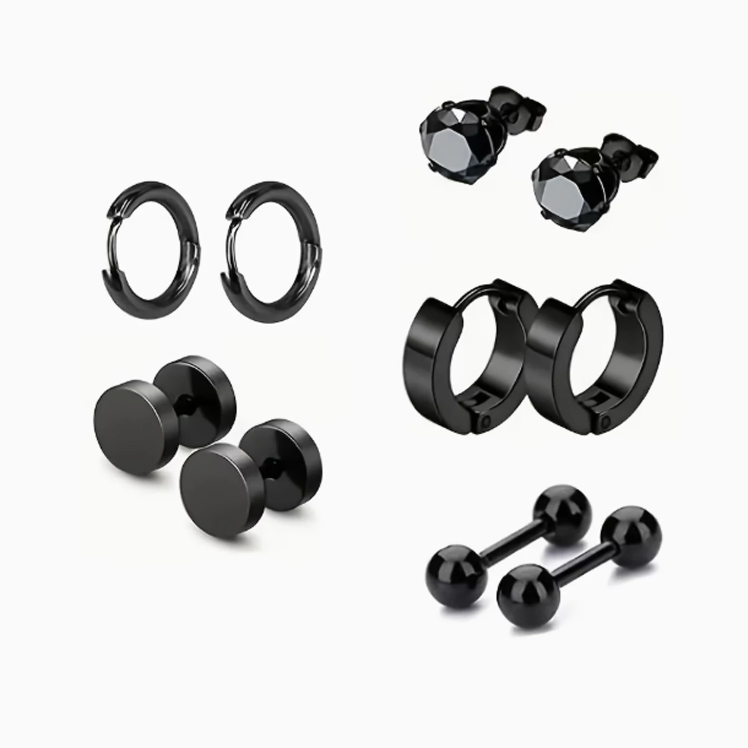 5 Pairs of Barbell Disc Stud Earrings with Clutch Coils Fashion Earring Set Stainless Steel Hip-Hop Men's Stud Earring Set