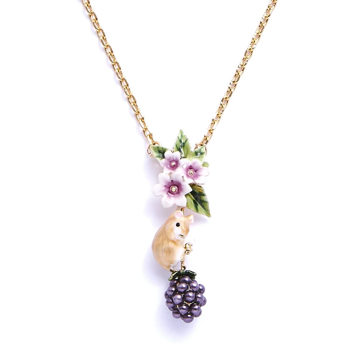 Cute Little 3D Vole With Pearl Raspberries Have Flowers and Green Leaves Pendant with Enamel Field Mouse Necklace