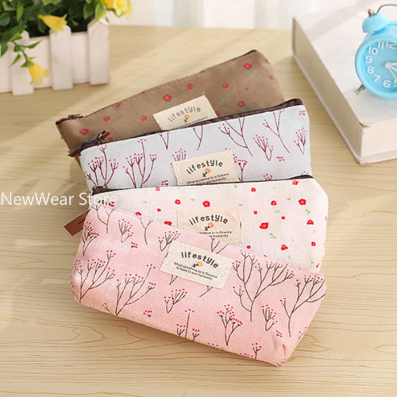 Cute Cosmetic Bag Floral Flower Canvas Zipper Pencil Cases Lovely Fabric Flower Tree Pen Bags School Supplies