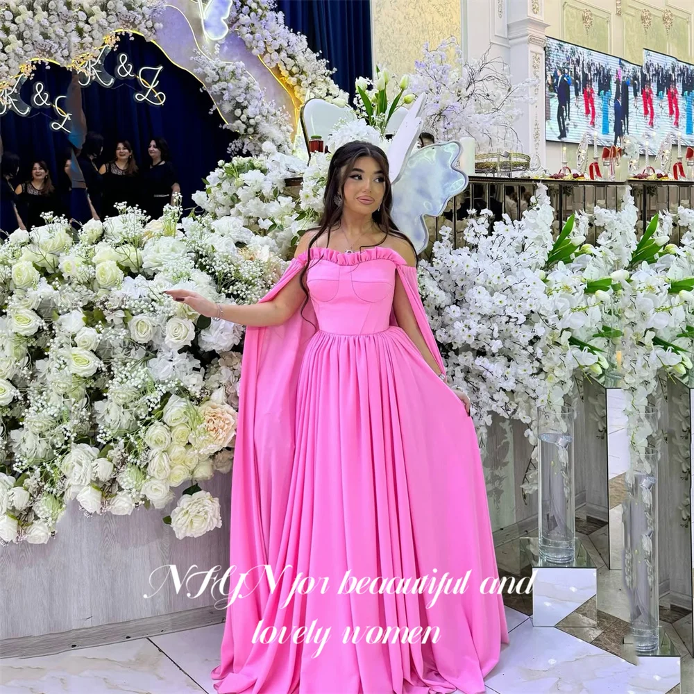 

NFYN Hot Pink Evening Dress Off Shoulder Prom Dress Pleated Party Formal Gown with Cape Sleeves robe de bal for Woman Customized