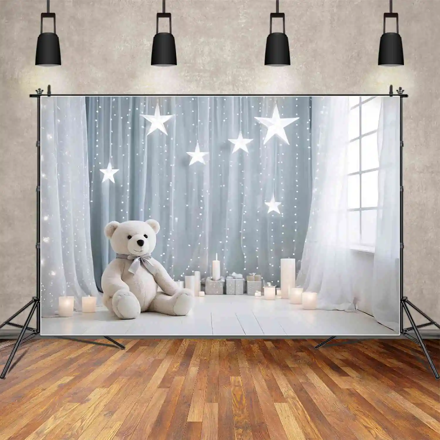 MOON.QG Teddy Bear Balloon One Birthday Backgrounds Boy Draping Cloth Blue White Star Backdrops Custom Party Photocall Supplies