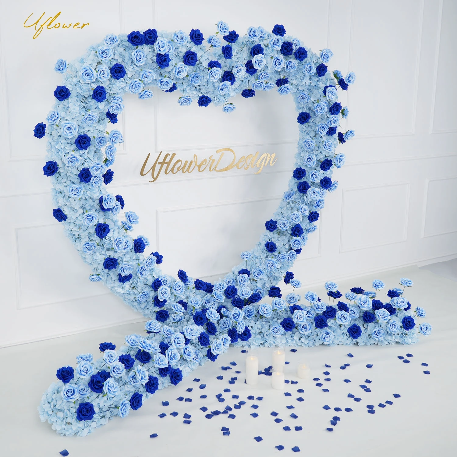 Uflower Blue Rose 5D Artificial Flower Wall Wedding Backdrop Floral Hrart Arch Wall Window Display Event Party Props Flower Row