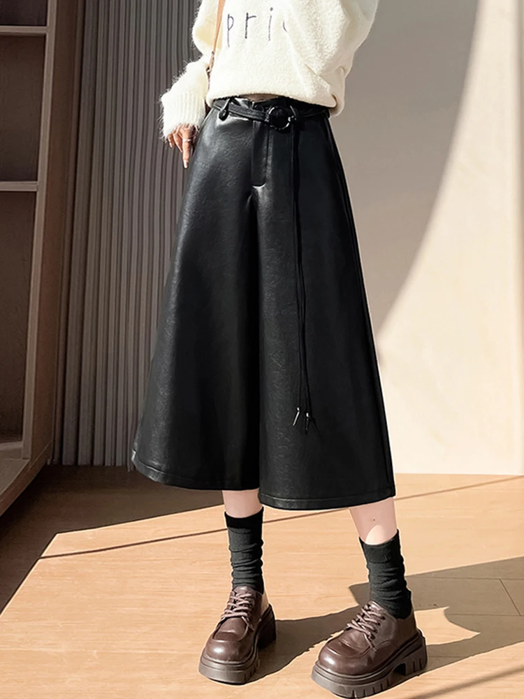 Hoge taille PU lederen wijde pijpen broek dames losse casual broek met zeven voet lengte herfst winter nieuw asymmetrisch reflecterend...