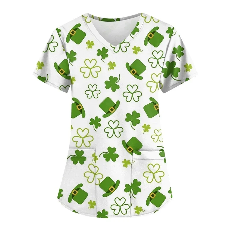 Women's green medical short-sleeve shirtTShirt Four-leaf clover print is antibacterialVTie pocket medical work uniform top