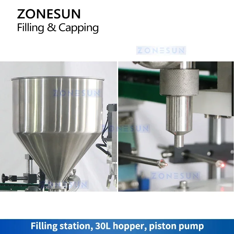ZONESUN مضخة المكبس الأوتوماتيكية آلة تعبئة السوائل قطعة واحدة الكل في واحد مع معدات تغليف تغذية الغطاء ZS-AFC24