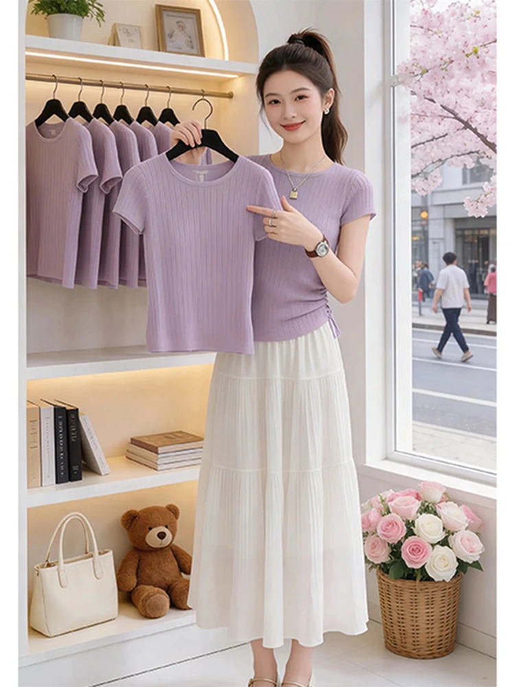 

Summer Outfit Women's New 2026 Purple Knitted Short Sleeve T-Shirt White Dress High-End Fashion Two-Piece Set Casual Style