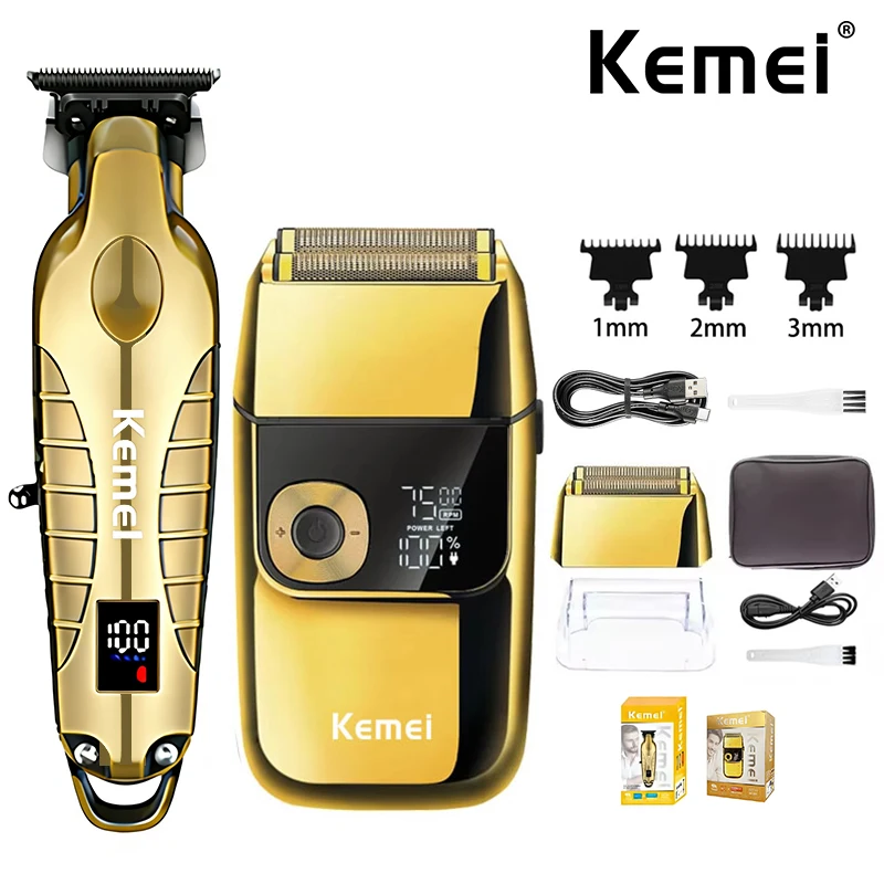 Kemei Rechargeable Electric Hair Clipper Professional Barber Trimmer For Man Cordless Shaver KM-2293 KM-2028  Gold Kit