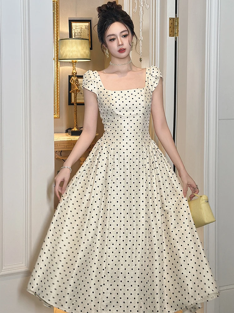 french elegant lady dress 2023 Spring French Style Vintage Square Neck Long Sleeve Black Slit Long Dresses Elegant Women Dress