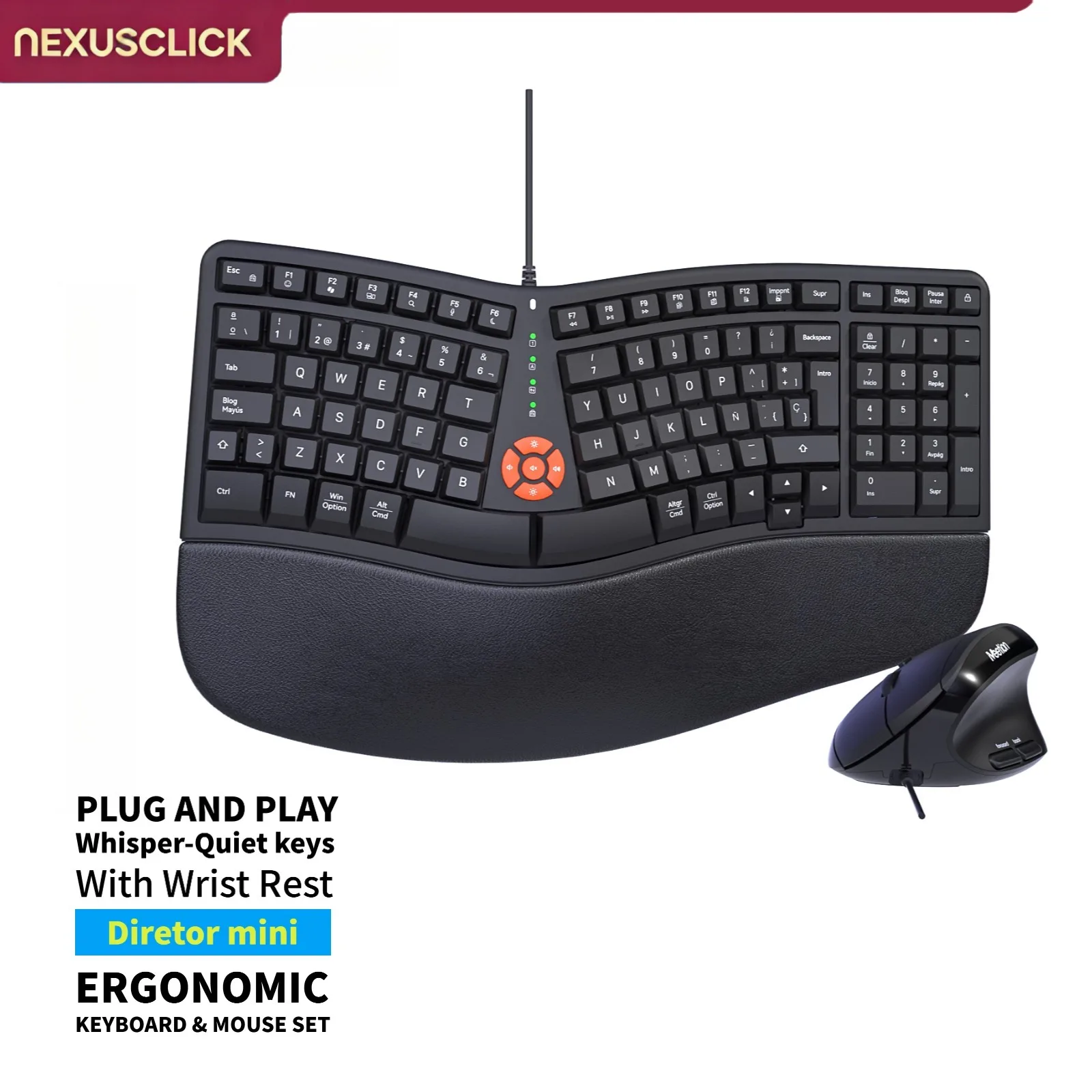 NexusClick Ergonomic Split Keyboard and Mouse Set,Wired Plug and Play,Quiet Keys,Leather Wrist Rest,Adjustable DPI for PC Office