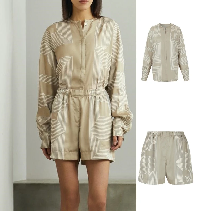 

LUXURY LC@ Рубашка в геометрическую полоску, женская рубашка с круглым вырезом, тонкая свободная рубашка с длинными рукавами, шорты, комплект ниши